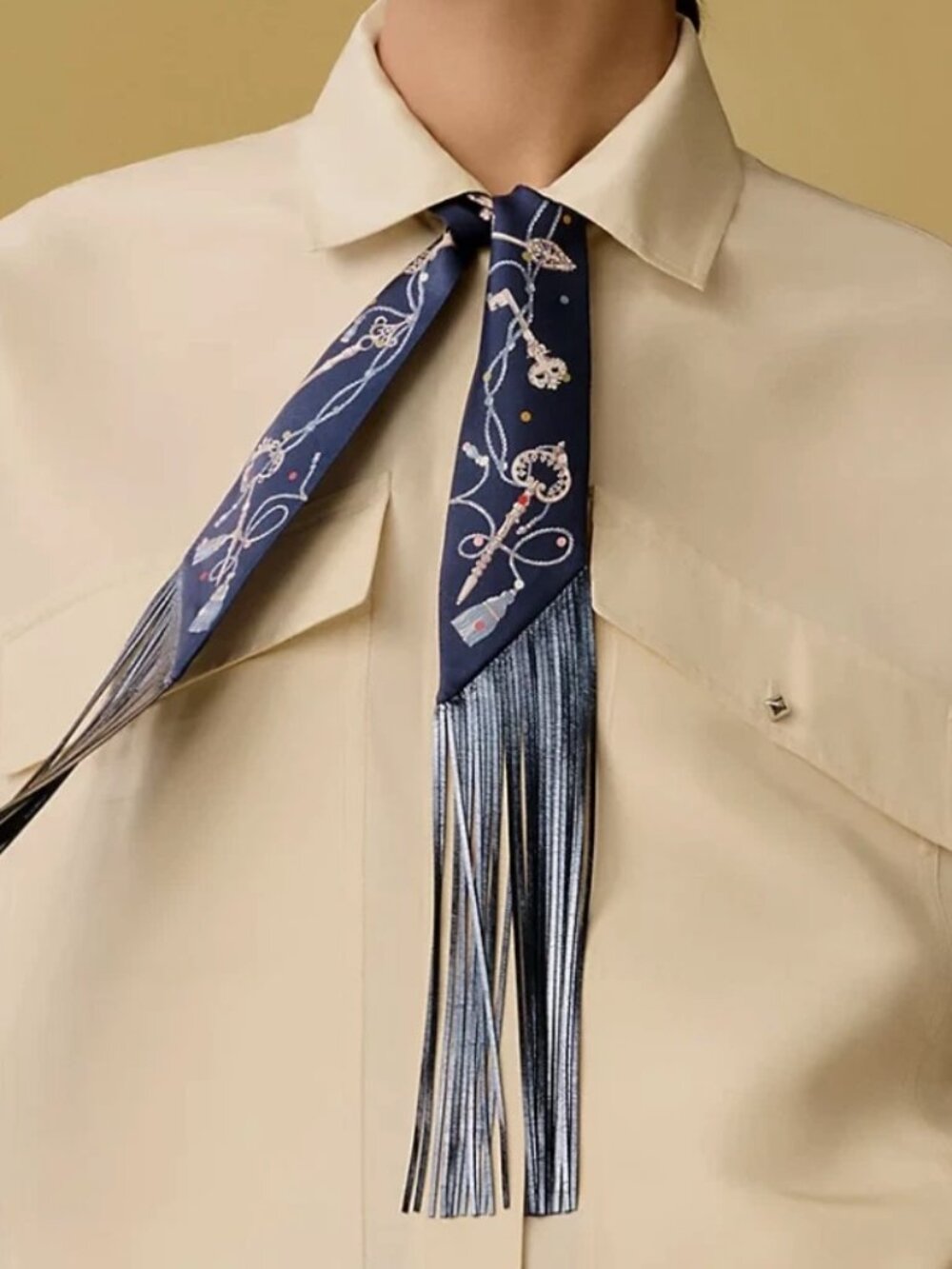 Hermes LES CLES A POIS LEATHER FRINGES TWILLY Bleu Marine / Gris Argent